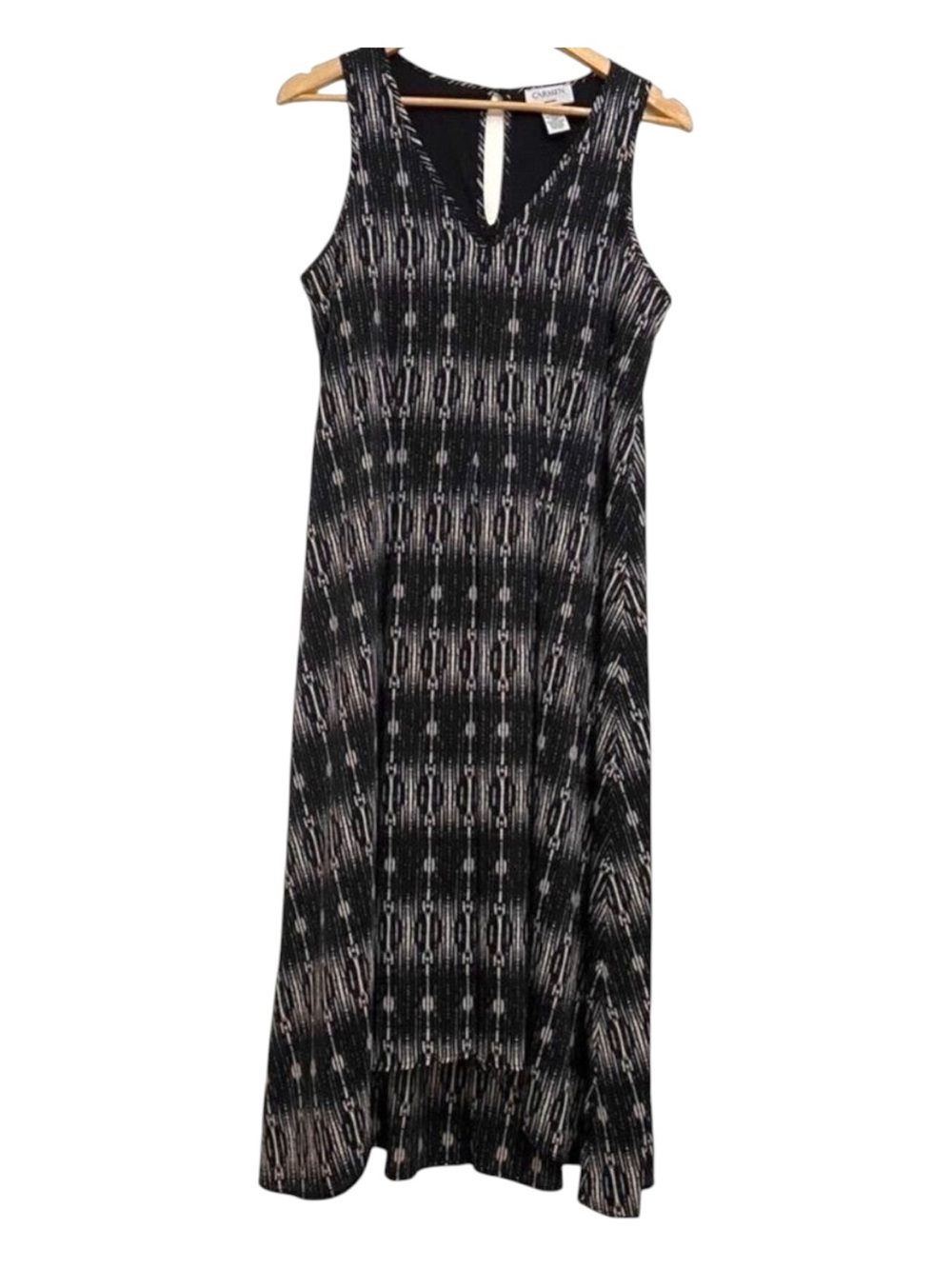 Carmen Marc Valvo Elegant Black White Abstract Sleeveless Midi Dress Size 6